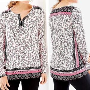 J. Jill Top XS Petite Floral Border Print Long Sleeve Pink Black White